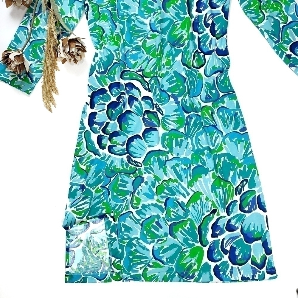 New Lilly Pulitzer 100% Pima Cotton Blue Green White Floral Dress Sz M - Picture 14 of 16
